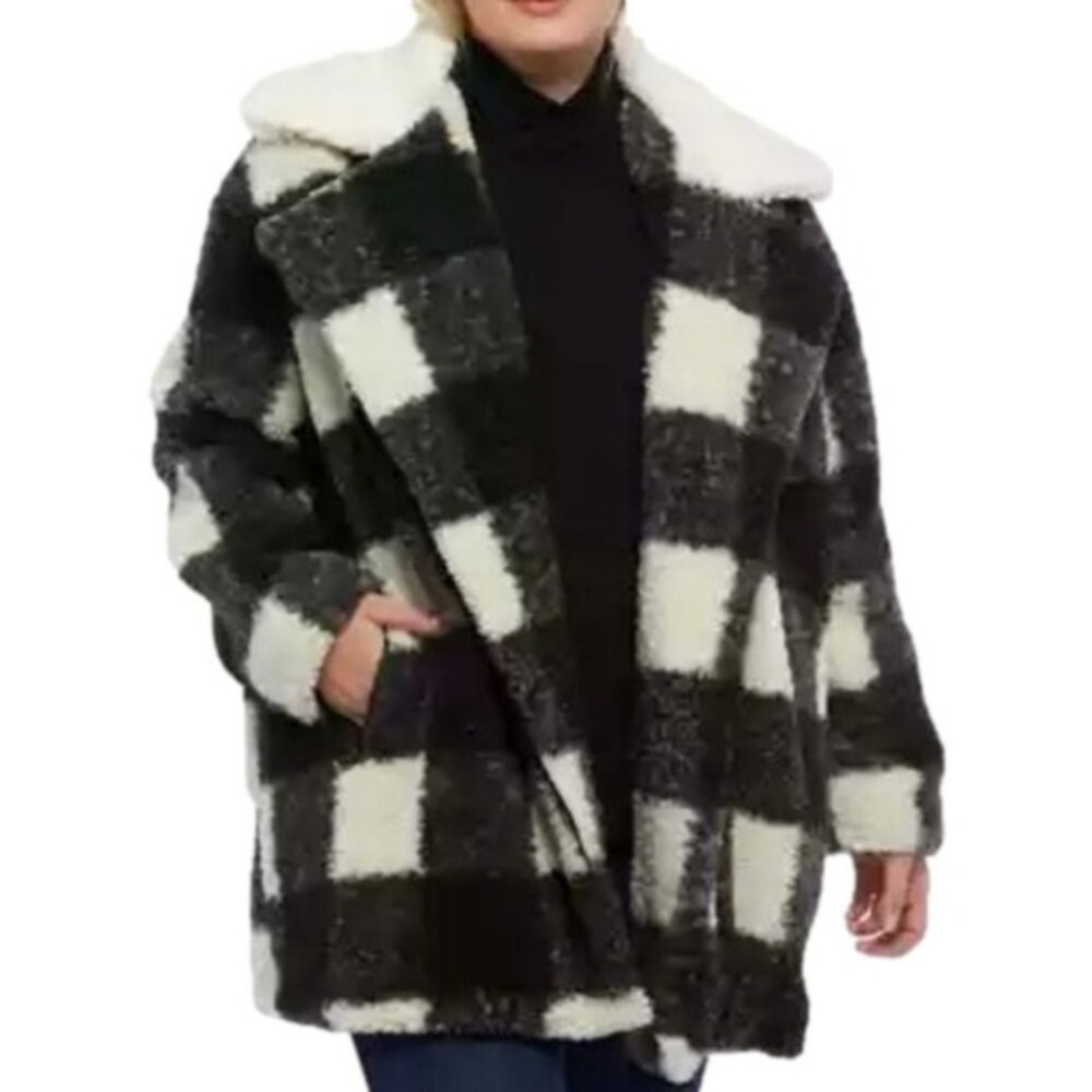 C&C California Black White Buffalo‎ Check Vegan Fur Sherpa Coat Jacket Plus 2X